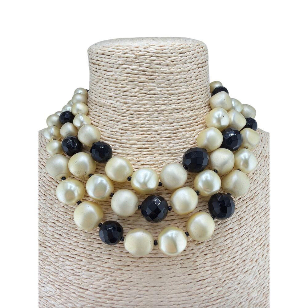 Vintage Four-Strand Cream Faux Pearl and Black Bead Statement Necklace